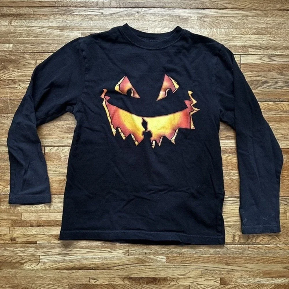 Black‎ Orange Jack O' Lantern Pumpkin Face Halloween Kids Long Sleeve Shirt Sz L